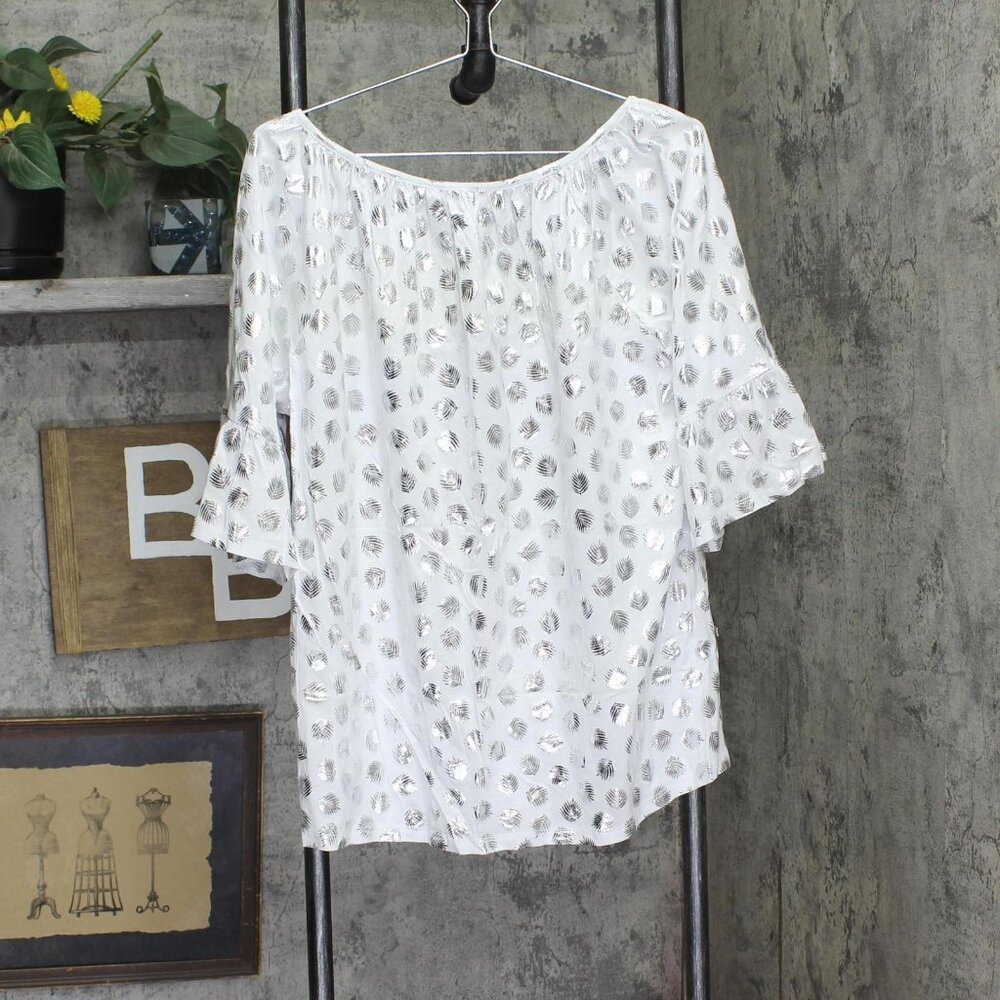 NWT Michael Michael Kors Plus Size Metallic-Print Flare-Sleeve Top White 1X - Picture 3 of 9